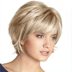 HAIRJOY Short Blonde Wig with Bangs Blonde Mix Brown Wigs for White Women Fluffy Synthetic Hair Womens Wigs