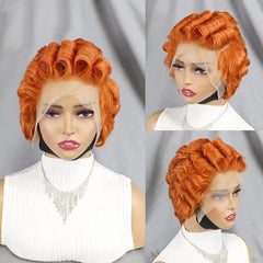 Short Curly Wigs Transparent 13x4 Lace Frontal Wig Natural Burgundy Piano Color Human Hair Wigs for Balck Women Perruque Catalin