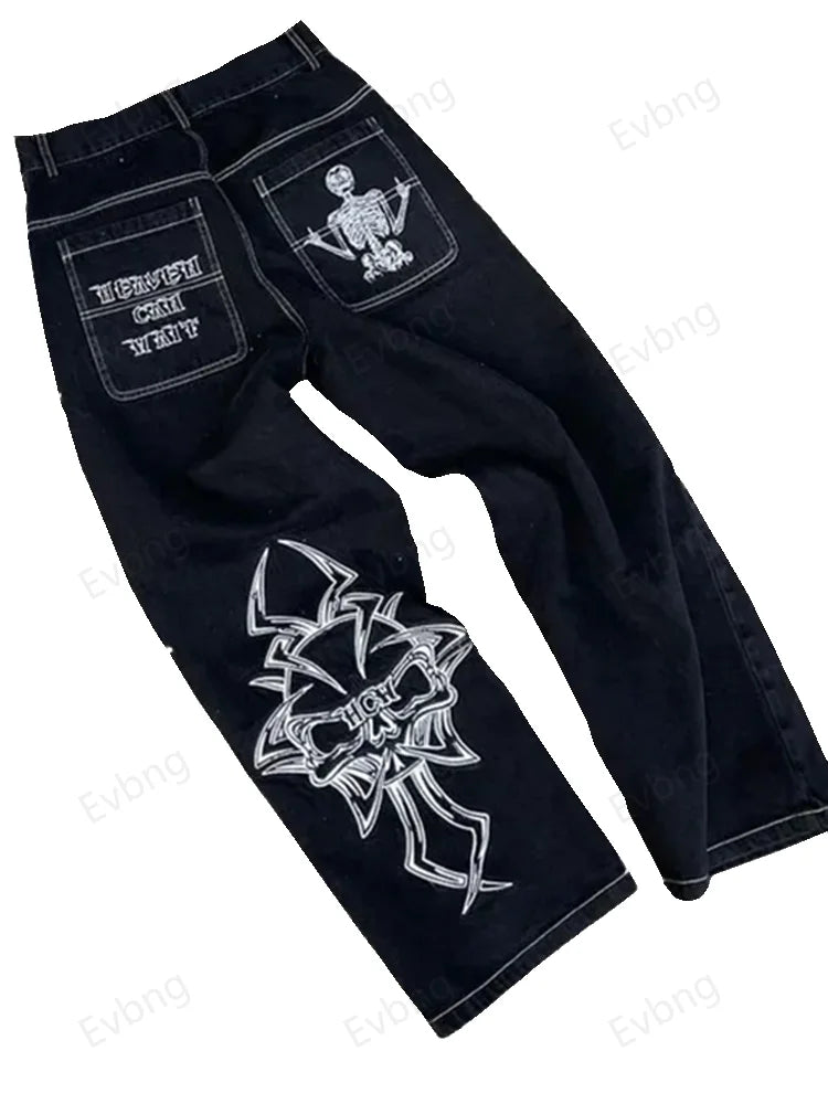 Hip Hop Y2K Jeans Mens  Retro Skull Embroidery Washed Women's Denim Pants New Straight Casual Loose Wide Leg Trouser Streetwear