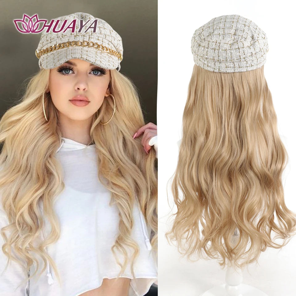 Blonde Long Wavey Hat wigs Cap Connect Synthetic Wigs Hair for Women Cosplay Daily Party Use High Resistant Fiber Hair