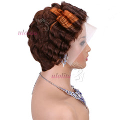 Short Curly Wigs Transparent 13x4 Lace Frontal Wig Natural Burgundy Piano Color Human Hair Wigs for Balck Women Perruque Catalin