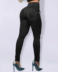 Women Mom Jeans Denim Pencil Pants Bodycon Buttock Lace Up Elastic Waist Pockets High Waist Bandage Sheath Spliced Y2k Button