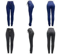 Women Mom Jeans Denim Pencil Pants Bodycon Buttock Lace Up Elastic Waist Pockets High Waist Bandage Sheath Spliced Y2k Button