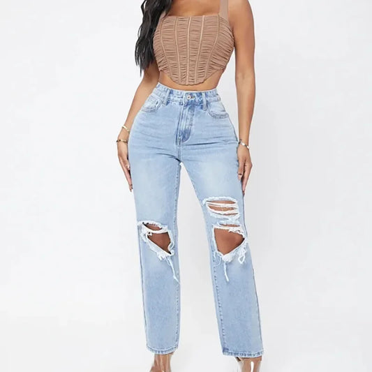 Mom Jeans Women Pant Long Pants Hollow Out Blue Elegant High Waist Pencil Elegant Wide Leg Streetwear Y2k Denim Trousers 2025