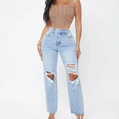 Mom Jeans Women Pant Long Pants Hollow Out Blue Elegant High Waist Pencil Elegant Wide Leg Streetwear Y2k Denim Trousers 2025