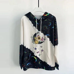 Moon Print Drawstring Hoodie Casual Long Sleeve Hooded Sweatshirt Women's Clothing