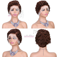 Short Curly Wigs Transparent 13x4 Lace Frontal Wig Natural Burgundy Piano Color Human Hair Wigs for Balck Women Perruque Catalin