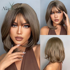 ALAN EATON Ombre Honey Brown Wigs Long Wavy Synthetic Wigs Middle Part Layered Hair Heat Resistant Realistic Fiber Wig Daily Use