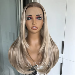 Highlight Blonde Layered Wig Synthetic Lace Front Wig for Women Straight Chocolate Brown Colored Pre Plucked Lace Wig Black