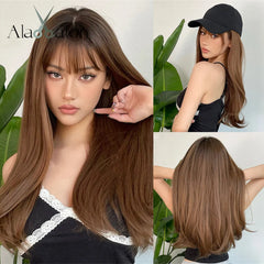 ALAN EATON Ombre Honey Brown Wigs Long Wavy Synthetic Wigs Middle Part Layered Hair Heat Resistant Realistic Fiber Wig Daily Use