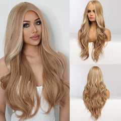 ALAN EATON Ombre Honey Brown Wigs Long Wavy Synthetic Wigs Middle Part Layered Hair Heat Resistant Realistic Fiber Wig Daily Use