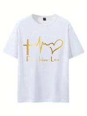 Men's Summer 100% Cotton Fashionable Casual Loose Large Size FAITH HOPE LOVE Printed Sports Round Neck Short Sleeve T-shirt Top