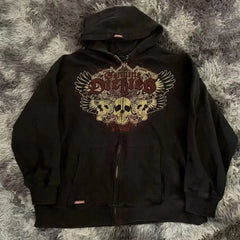 Y2K Fashion Hoodie New Gothic Oversize Pattern Print Embroidery Zipper Hoodie Coat Womens Loose Sweatshirt Couple Casual Hoodie
