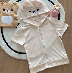 Rilakkuma Cute Cartoon Hoodie Zip-up Hoodie Teddy Bear Ears Long Sleeve Jacket Fashion Women's Casual Cardigan Cotton Clothing