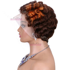 Short Curly Wigs Transparent 13x4 Lace Frontal Wig Natural Burgundy Piano Color Human Hair Wigs for Balck Women Perruque Catalin