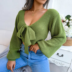 Women Sweater 2023 Fall Casual Sexy Bow Long Sleeve Knitted Pullovers Crop Top