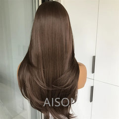 Highlight Blonde Layered Wig Synthetic Lace Front Wig for Women Straight Chocolate Brown Colored Pre Plucked Lace Wig Black
