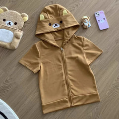 Rilakkuma Cute Cartoon Hoodie Zip-up Hoodie Teddy Bear Ears Long Sleeve Jacket Fashion Women's Casual Cardigan Cotton Clothing