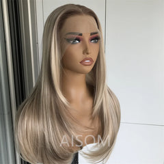 Highlight Blonde Layered Wig Synthetic Lace Front Wig for Women Straight Chocolate Brown Colored Pre Plucked Lace Wig Black