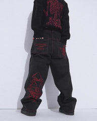 Hip Hop Y2K Jeans Mens  Retro Skull Embroidery Washed Women's Denim Pants New Straight Casual Loose Wide Leg Trouser Streetwear