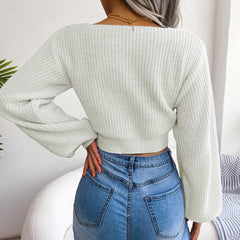 Women Sweater 2023 Fall Casual Sexy Bow Long Sleeve Knitted Pullovers Crop Top