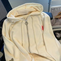 Chic Embroidered Hooded Korean Sweatshirt Women's Cardigan Autumn Thin Coat with Zipper Apricot Streetwear Hoodies (Size M-XL)