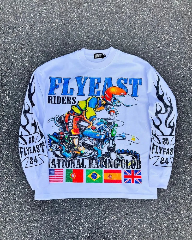 High Street Retro Trendy Brand Fashion Long-sleeved Anime Cartoon Print Oversized Top Men Y2k Harajuku Hip-hop Versatile T-shirt