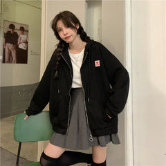 Chic Embroidered Hooded Korean Sweatshirt Women's Cardigan Autumn Thin Coat with Zipper Apricot Streetwear Hoodies (Size M-XL)