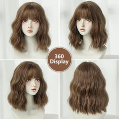 7JHH WIGS Shoulder Length Brown Wig for Women Daily Use High Density Synthetic Layered Brown Bob Wigs with Air Bangs
