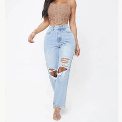 Mom Jeans Women Pant Long Pants Hollow Out Blue Elegant High Waist Pencil Elegant Wide Leg Streetwear Y2k Denim Trousers 2025