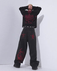 Hip Hop Y2K Jeans Mens  Retro Skull Embroidery Washed Women's Denim Pants New Straight Casual Loose Wide Leg Trouser Streetwear