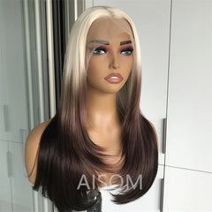 Highlight Blonde Layered Wig Synthetic Lace Front Wig for Women Straight Chocolate Brown Colored Pre Plucked Lace Wig Black
