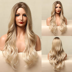 ALAN EATON Ombre Honey Brown Wigs Long Wavy Synthetic Wigs Middle Part Layered Hair Heat Resistant Realistic Fiber Wig Daily Use