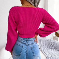 Women Sweater 2023 Fall Casual Sexy Bow Long Sleeve Knitted Pullovers Crop Top