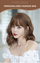 7JHH WIGS Shoulder Length Brown Wig for Women Daily Use High Density Synthetic Layered Brown Bob Wigs with Air Bangs