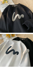 Korean Men Sweatshirt Waffle Fabric Crew Neck Sweatshirts Wave Print Casual Loose Sports Pullovers Streetwear Hoodie