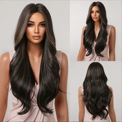 ALAN EATON Ombre Honey Brown Wigs Long Wavy Synthetic Wigs Middle Part Layered Hair Heat Resistant Realistic Fiber Wig Daily Use
