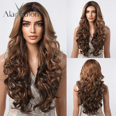 ALAN EATON Ombre Honey Brown Wigs Long Wavy Synthetic Wigs Middle Part Layered Hair Heat Resistant Realistic Fiber Wig Daily Use