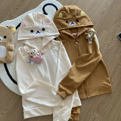 Rilakkuma Cute Cartoon Hoodie Zip-up Hoodie Teddy Bear Ears Long Sleeve Jacket Fashion Women's Casual Cardigan Cotton Clothing