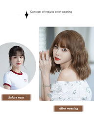 7JHH WIGS Shoulder Length Brown Wig for Women Daily Use High Density Synthetic Layered Brown Bob Wigs with Air Bangs