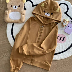 Rilakkuma Cute Cartoon Hoodie Zip-up Hoodie Teddy Bear Ears Long Sleeve Jacket Fashion Women's Casual Cardigan Cotton Clothing