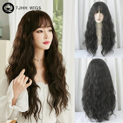 7JHH WIGS Shoulder Length Brown Wig for Women Daily Use High Density Synthetic Layered Brown Bob Wigs with Air Bangs